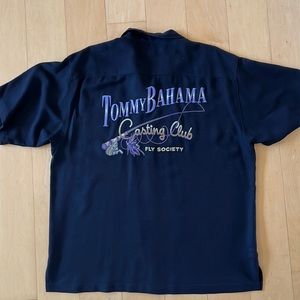 Tommy Bahama Black 100% Silk L Casting Club Fly Society Mens Shirt